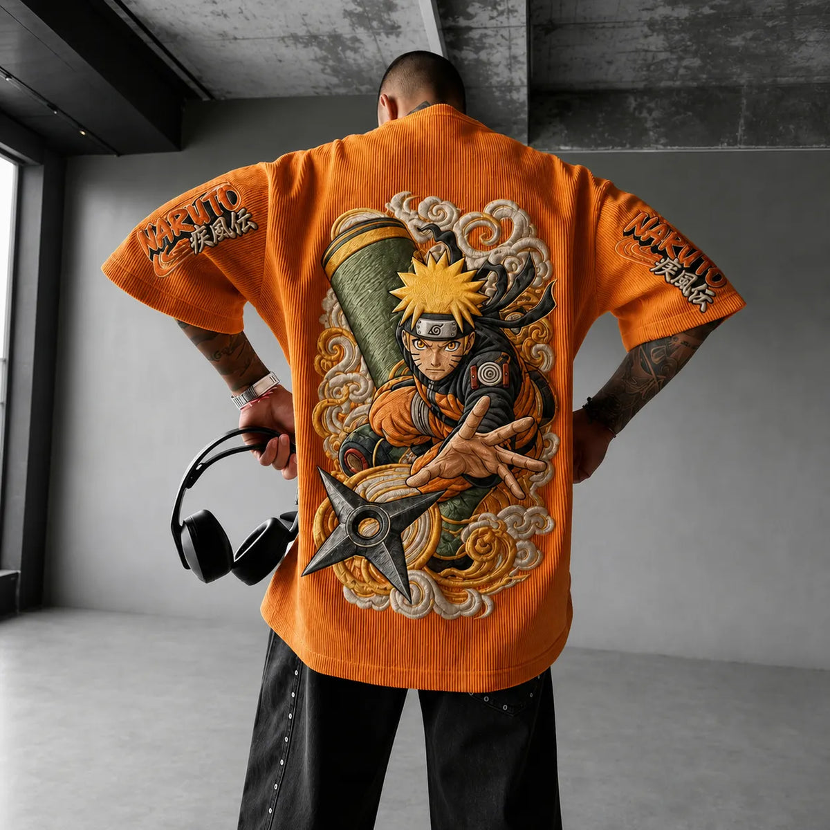 Naruto Unisex Oversized Anime-Print Vertical-Stripe Short-Sleeve T-Shirt