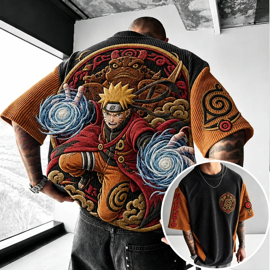 Naruto Unisex Oversized Anime-Print Vertical-Stripe Short-Sleeve T-Shirt