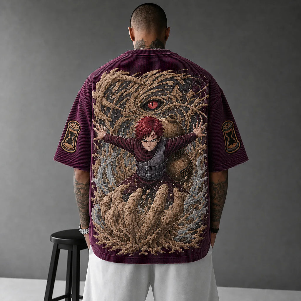 Naruto Unisex Oversized Anime-Print Vertical-Stripe Short-Sleeve T-Shirt