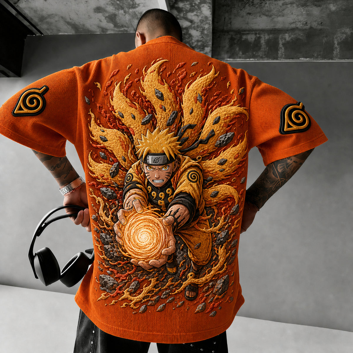 Naruto Unisex Oversized Anime-Print Vertical-Stripe Short-Sleeve T-Shirt