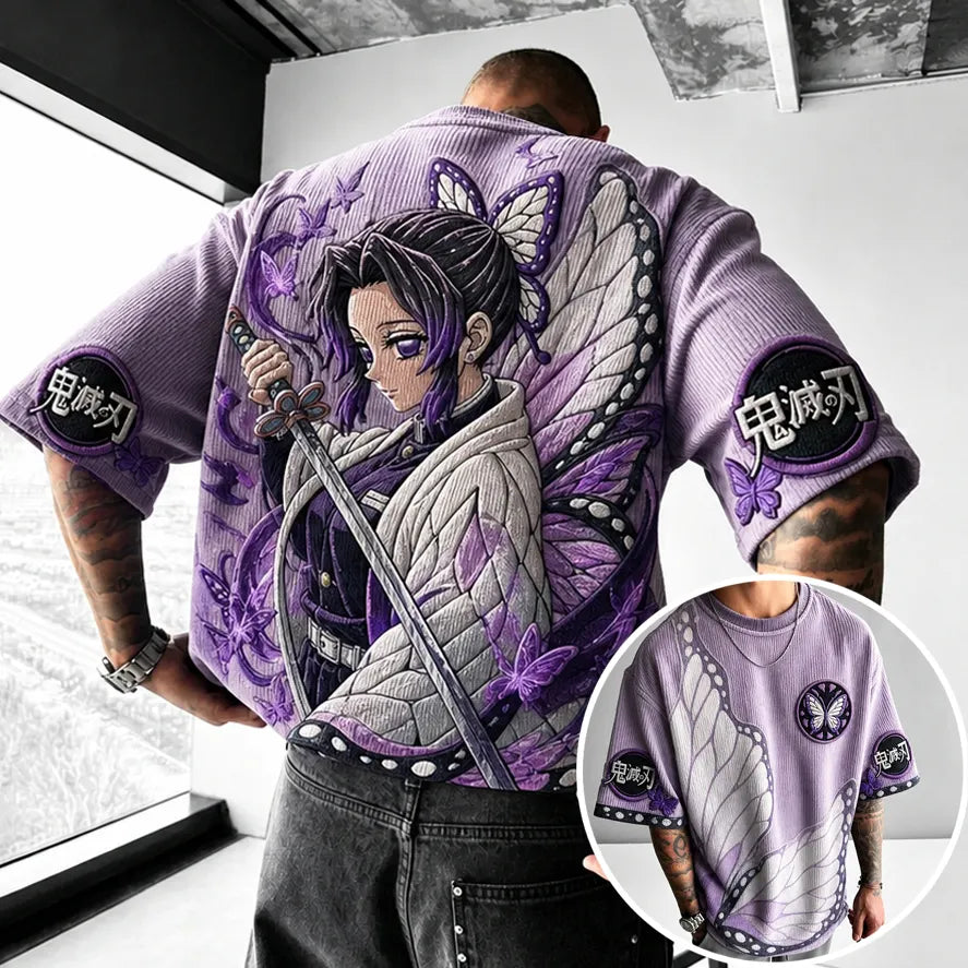Demon Slayer Unisex Oversized Anime-Print Vertical-Stripe Short-Sleeve T-Shirt