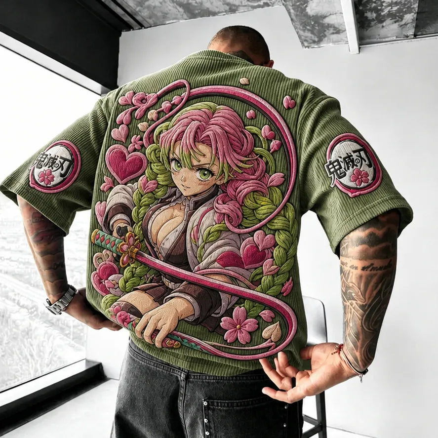 Demon Slayer Unisex Oversized Anime-Print Vertical-Stripe Short-Sleeve T-Shirt