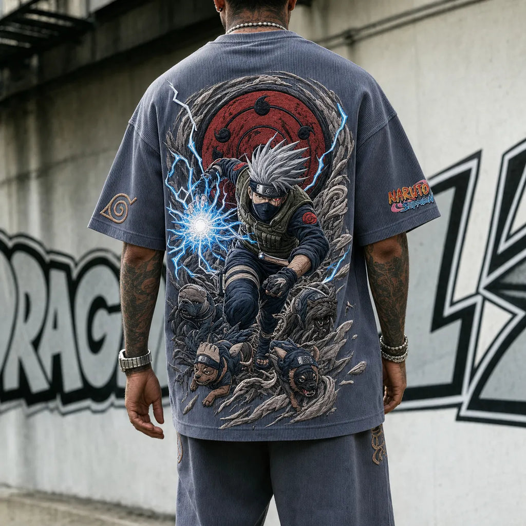 Naruto Unisex Oversized Anime-Print Vertical-Stripe Short-Sleeve T-Shirt