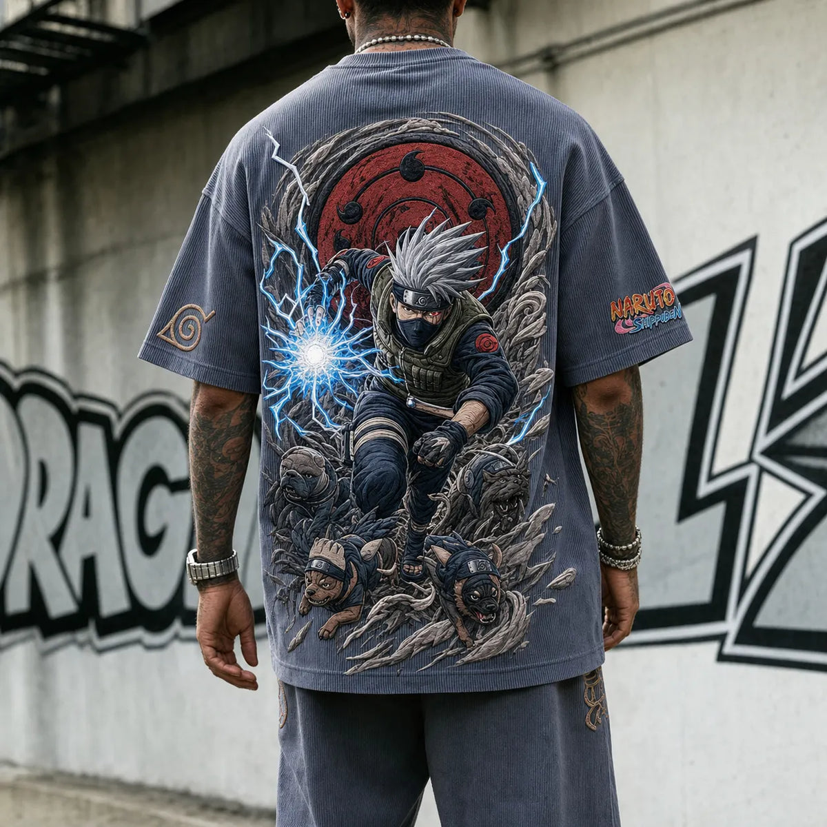 Naruto Unisex Oversized Anime-Print Vertical-Stripe Short-Sleeve T-Shirt