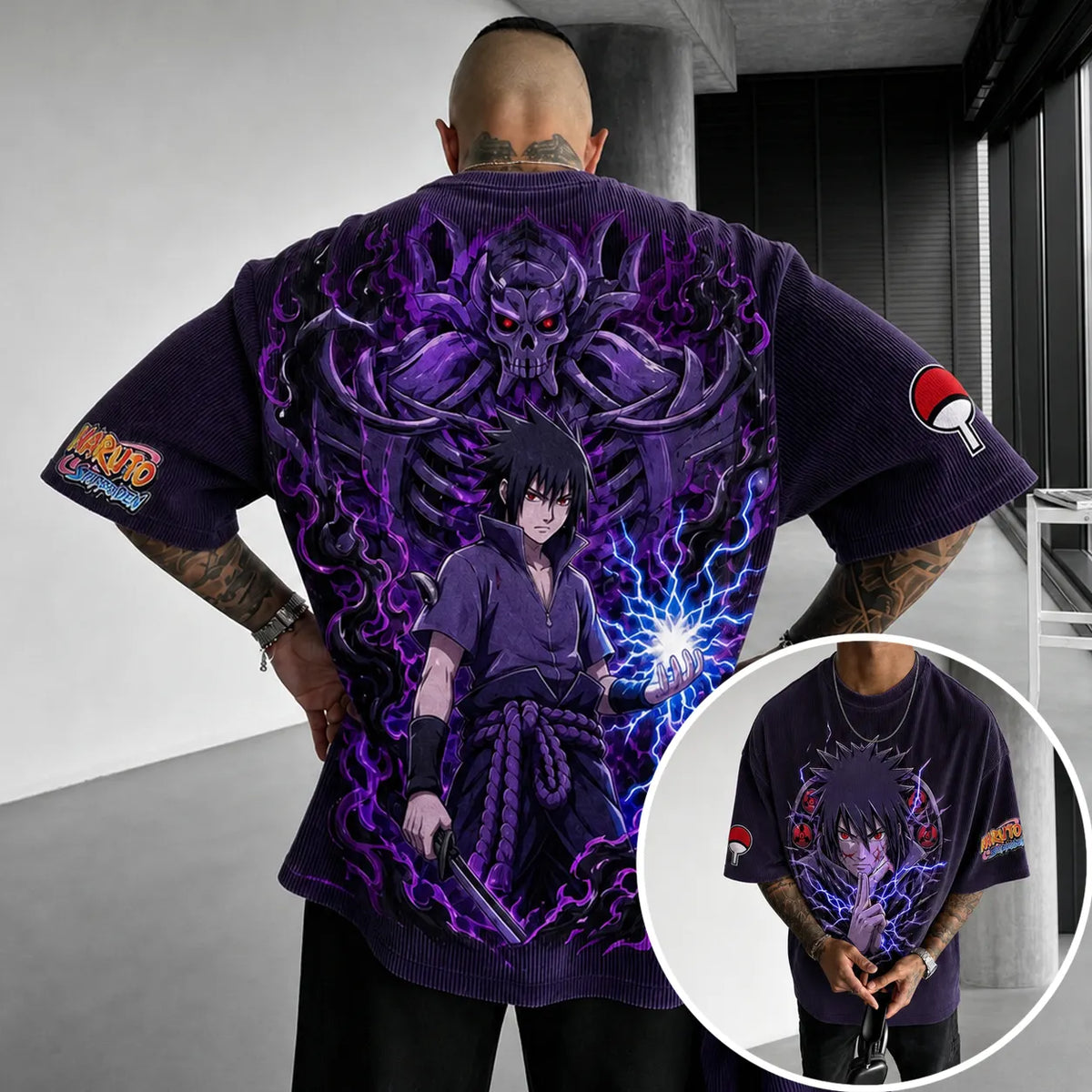 Naruto Unisex Oversized Anime-Print Vertical-Stripe Short-Sleeve T-Shirt