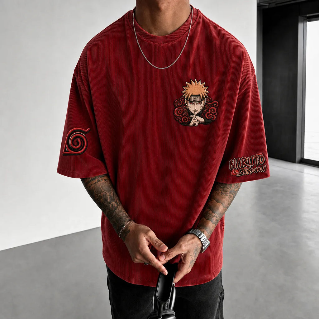 Naruto Unisex Anime-Style Retro Corduroy Oversized T-Shirt