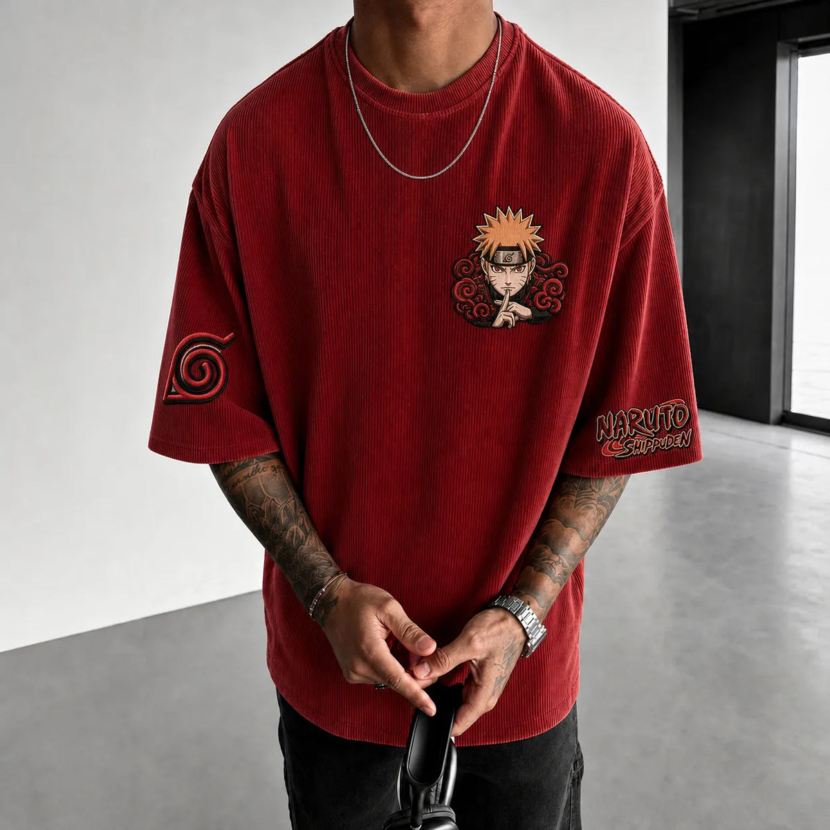 Naruto Unisex Anime-Style Retro Corduroy Oversized T-Shirt