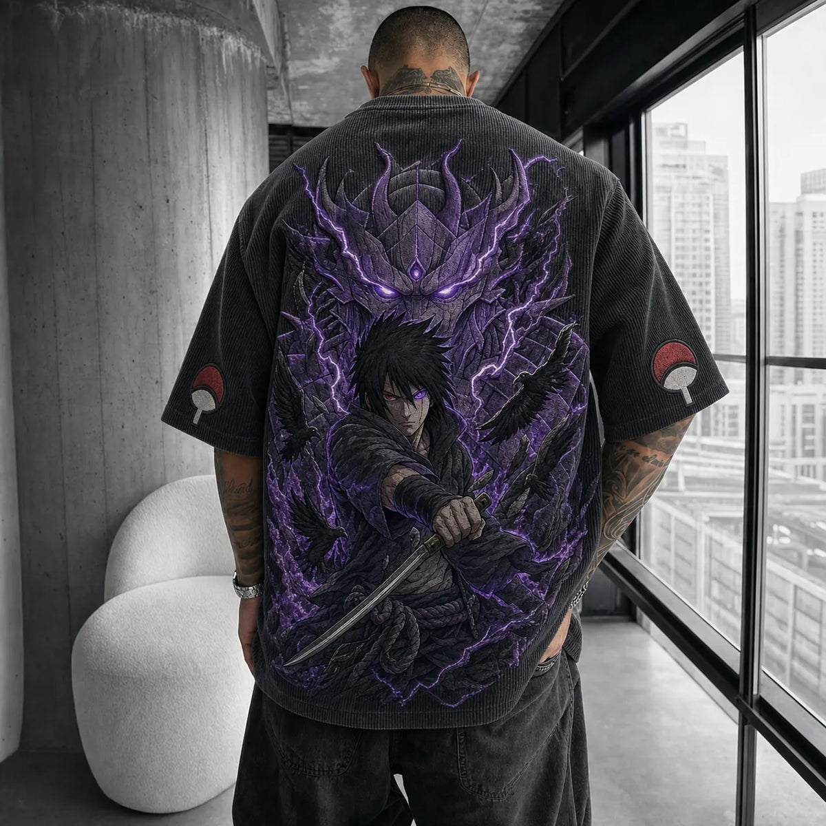 Naruto Unisex Oversized Anime-Print Vertical-Stripe Short-Sleeve T-Shirt