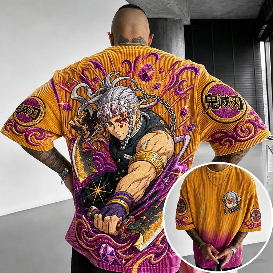 Demon Slayer Unisex Oversized Anime-Print Vertical-Stripe Short-Sleeve T-Shirt