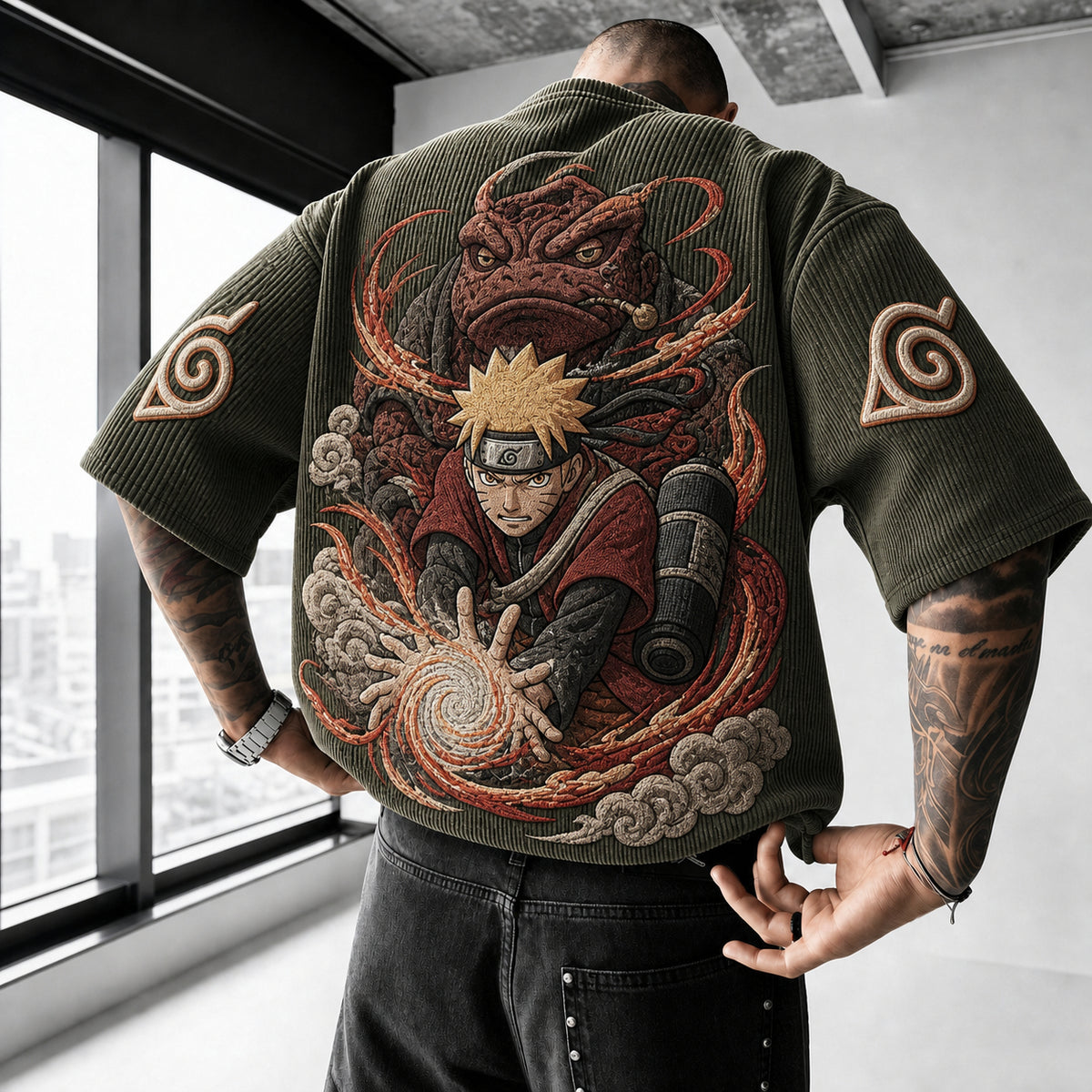 Naruto Unisex Oversized Anime-Print Vertical-Stripe Short-Sleeve T-Shirt