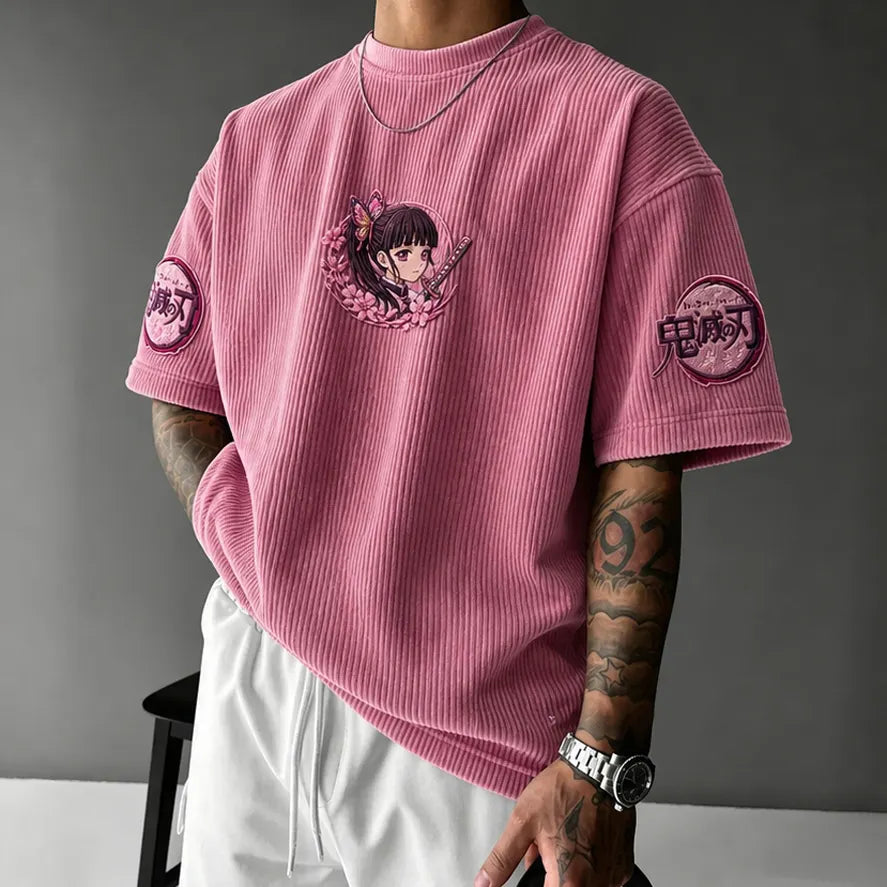 Demon Slayer Unisex Oversized Anime-Print Vertical-Stripe Short-Sleeve T-Shirt