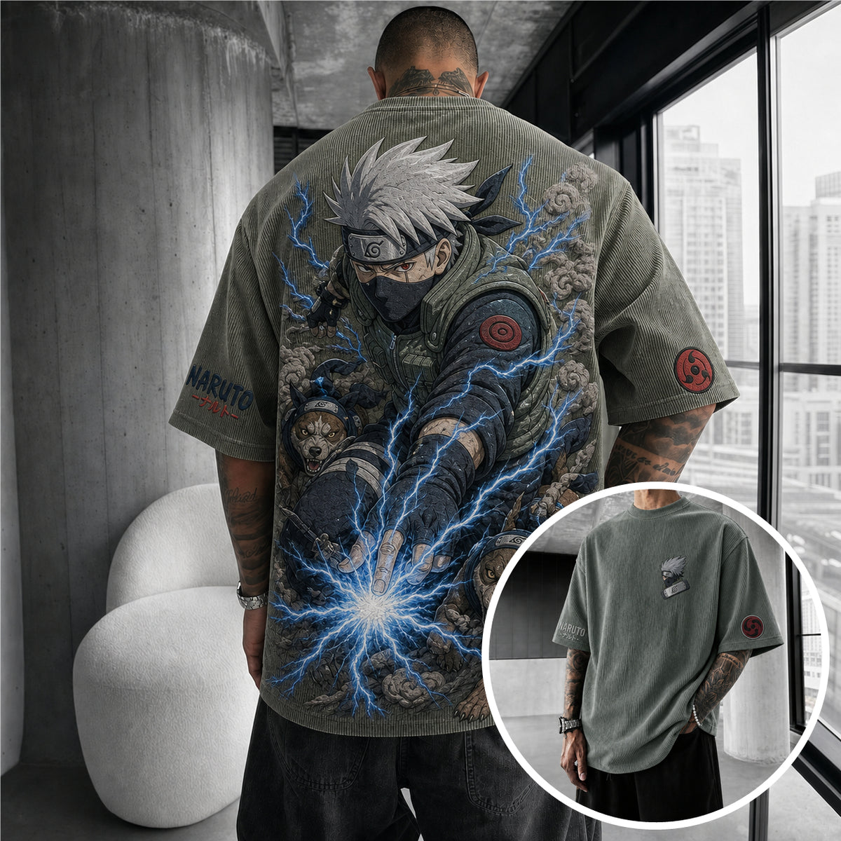 Naruto Unisex Anime-Style Retro Corduroy Oversized T-Shirt