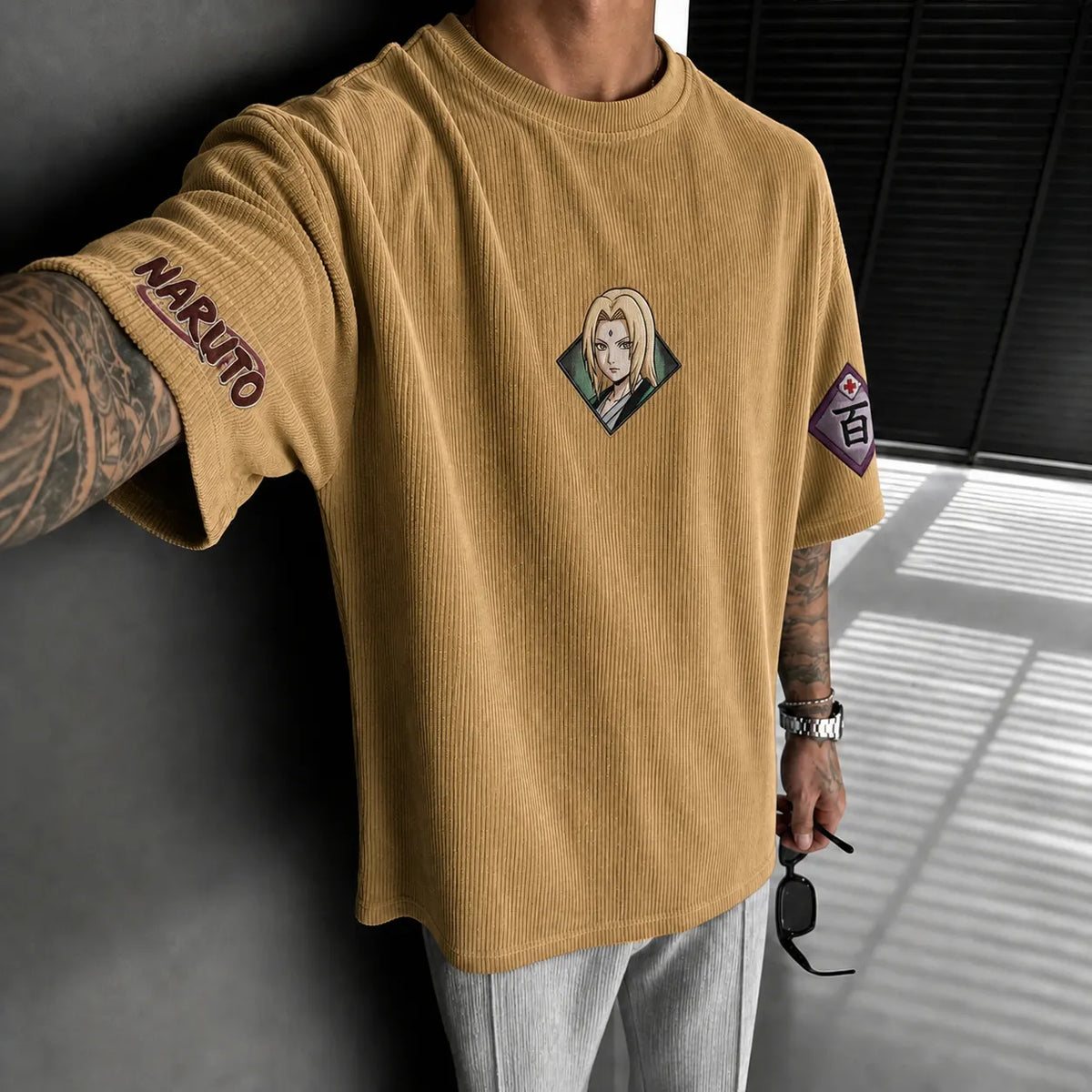 Naruto Unisex Anime-Style Retro Corduroy Oversized T-Shirt