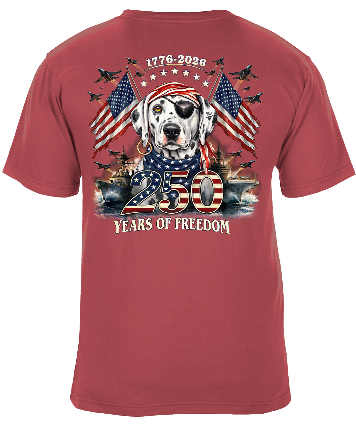 250 Years of Freedom 1776-2026 American Flag Patriotic T-Shirt - Chili Red