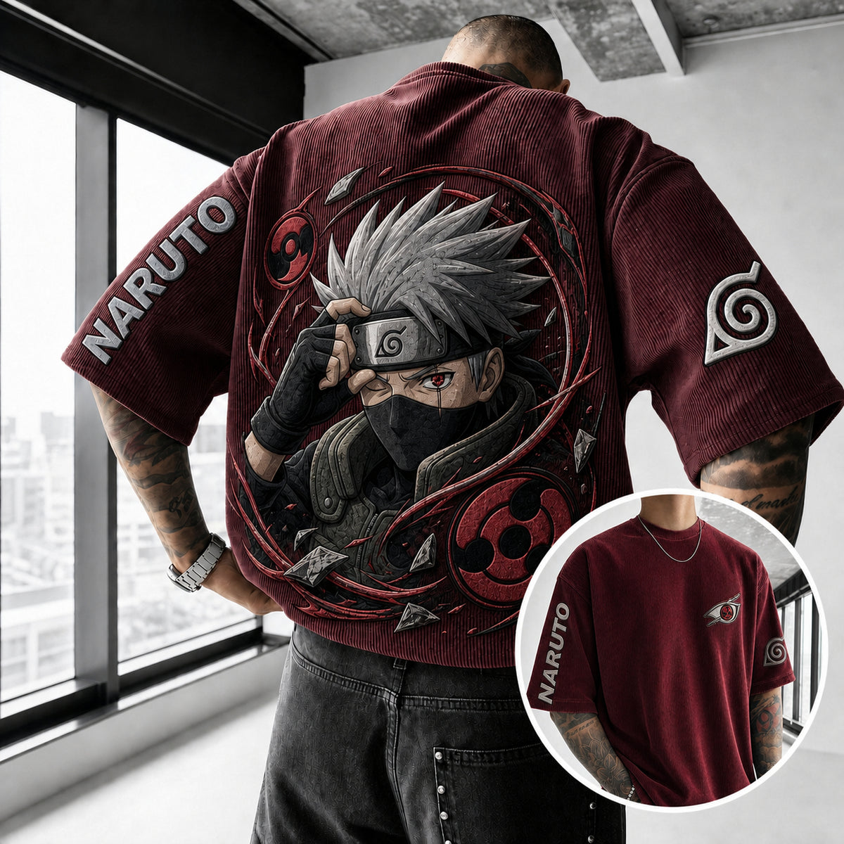 Naruto Unisex Anime-Style Retro Corduroy Oversized T-Shirt