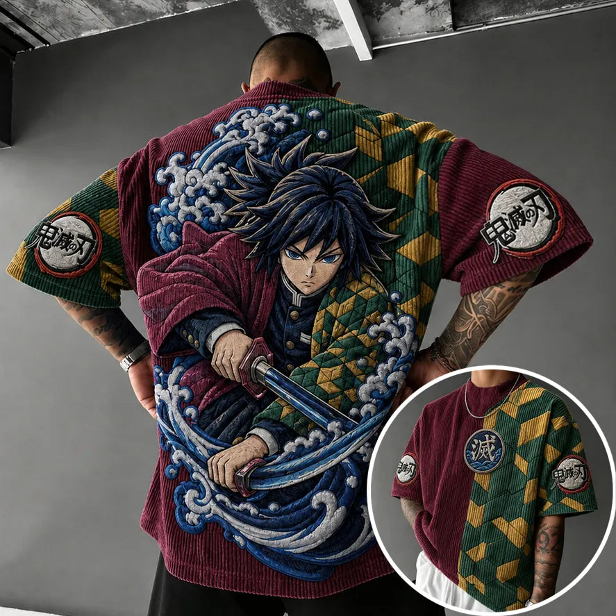Demon Slayer Unisex Oversized Anime-Print Vertical-Stripe Short-Sleeve T-Shirt