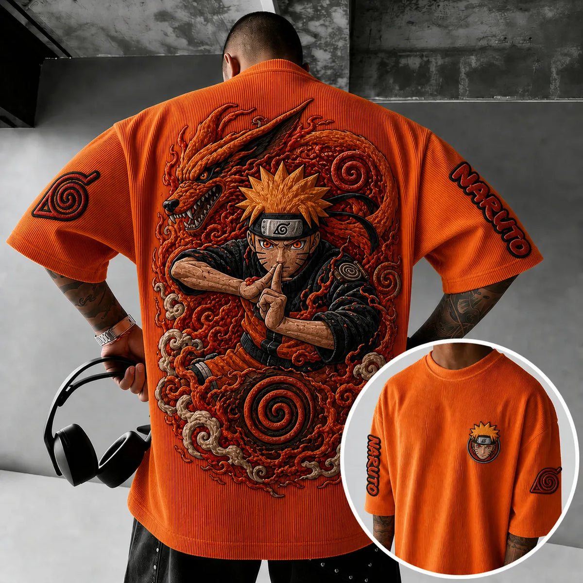 Naruto Unisex Anime-Style Retro Corduroy Oversized T-Shirt