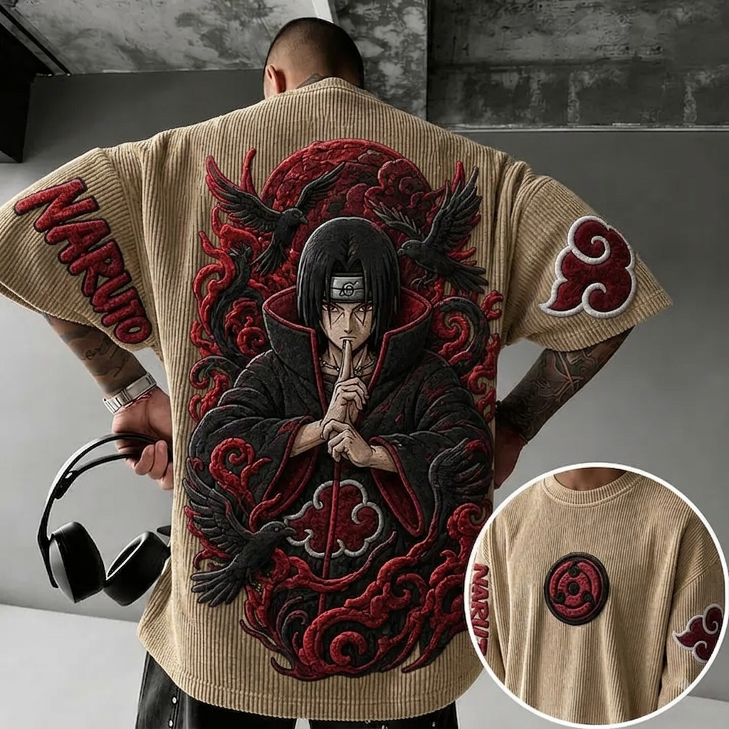 Naruto Unisex Anime-Style Retro Corduroy Oversized T-Shirt