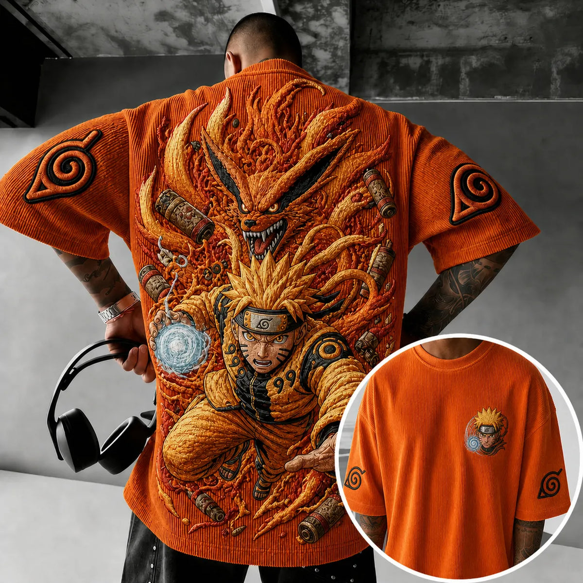 Naruto Unisex Oversized Anime-Print Vertical-Stripe Short-Sleeve T-Shirt