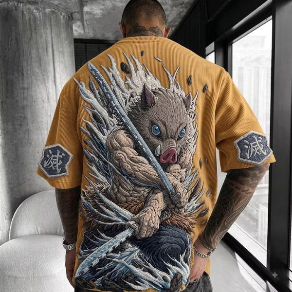 Demon Slayer Unisex Anime-Style Retro Corduroy Oversized T-Shirt
