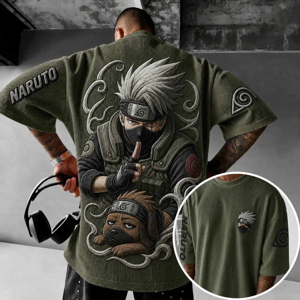 Naruto Unisex Anime-Style Retro Corduroy Oversized T-Shirt