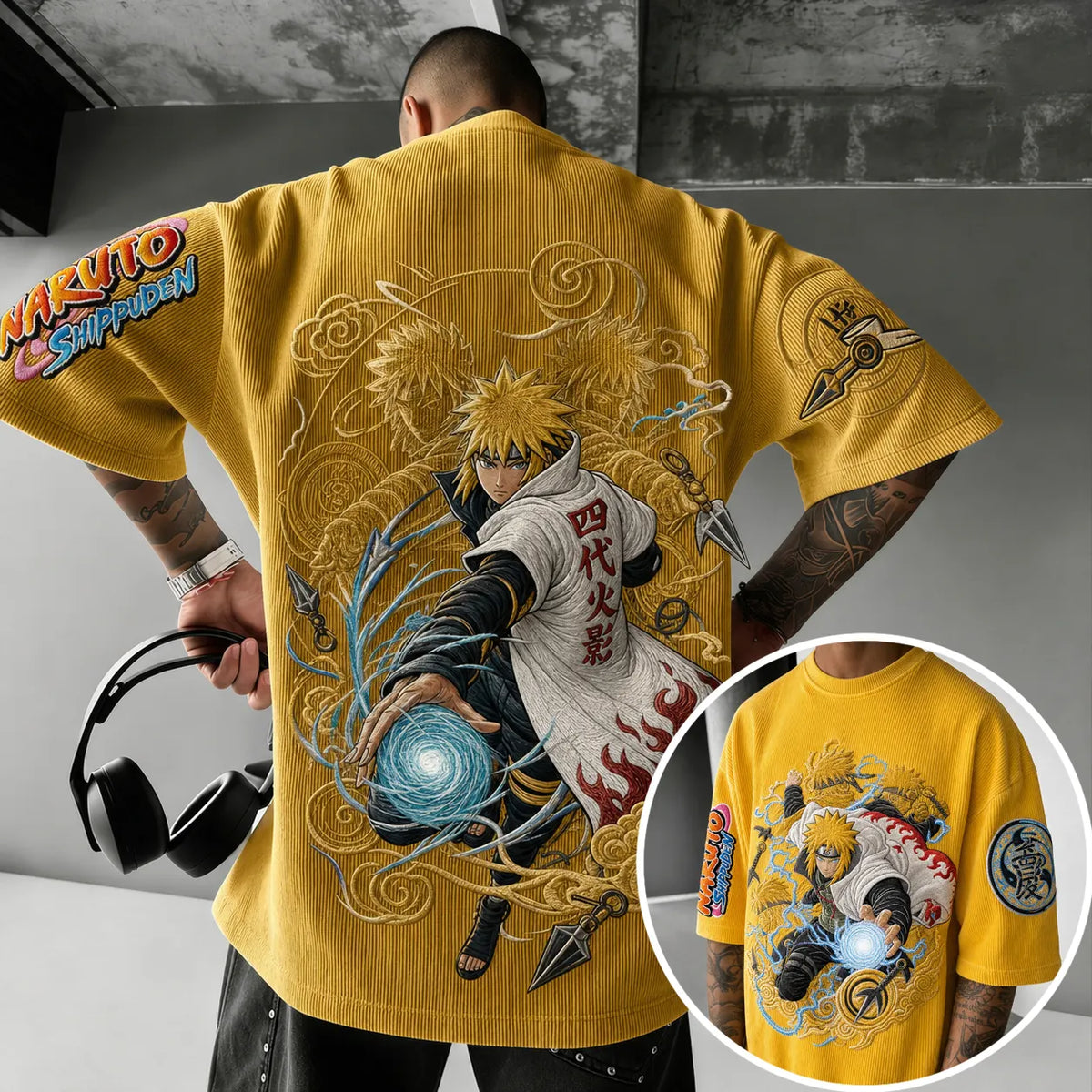 Naruto Unisex Oversized Anime-Print Vertical-Stripe Short-Sleeve T-Shirt