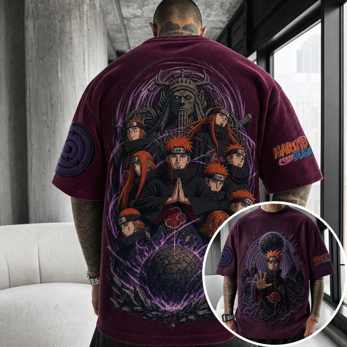 Naruto Unisex Oversized Anime-Print Vertical-Stripe Short-Sleeve T-Shirt