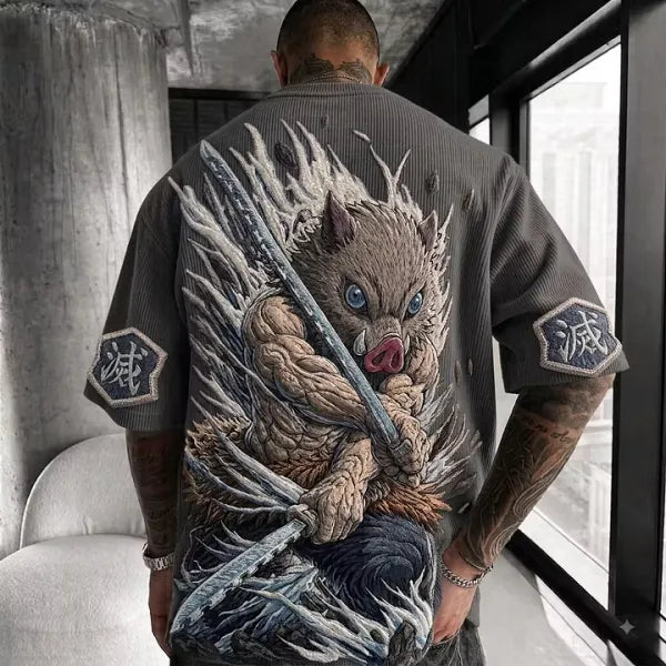 Demon Slayer Unisex Anime-Style Retro Corduroy Oversized T-Shirt