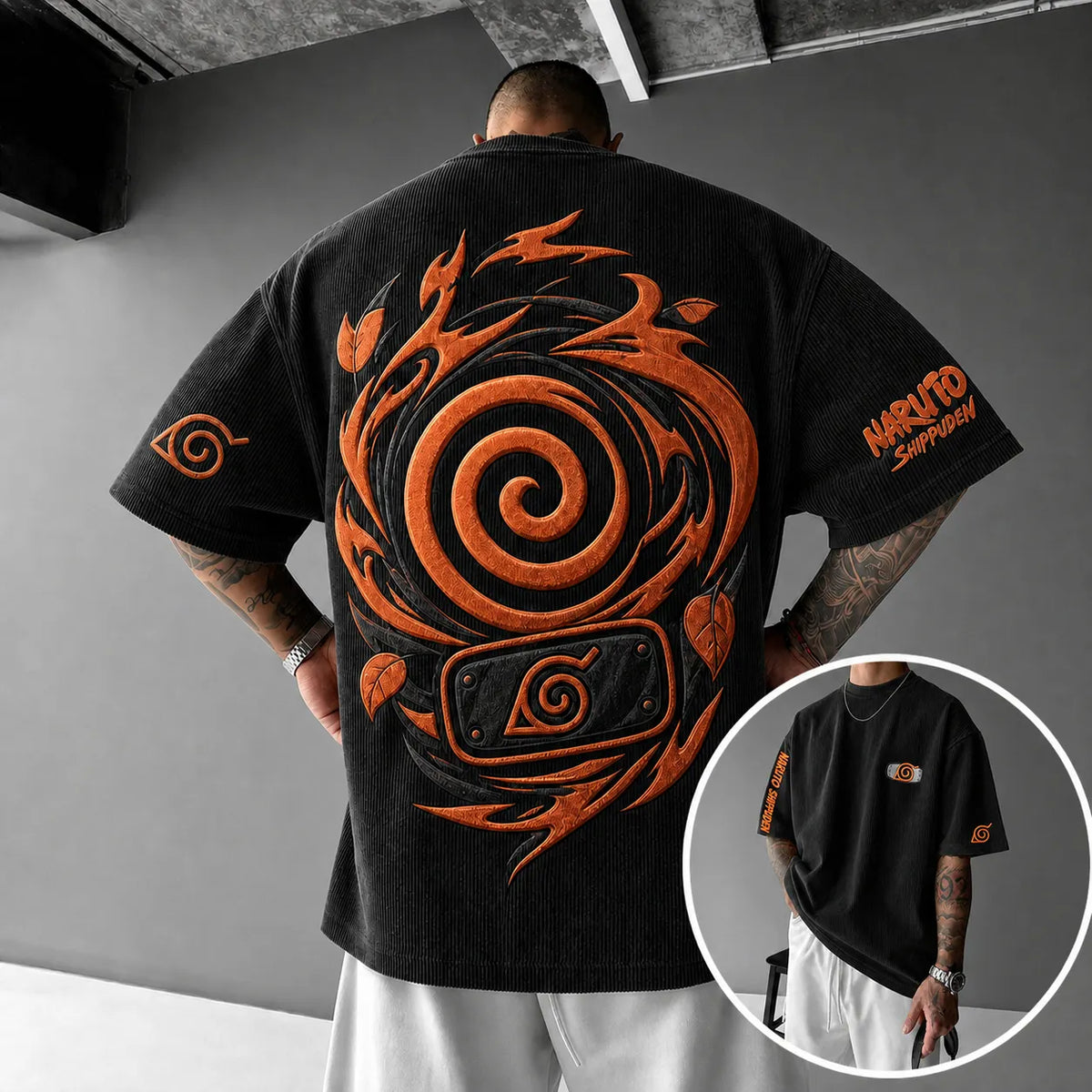 Naruto Unisex Anime-Style Retro Corduroy Oversized T-Shirt