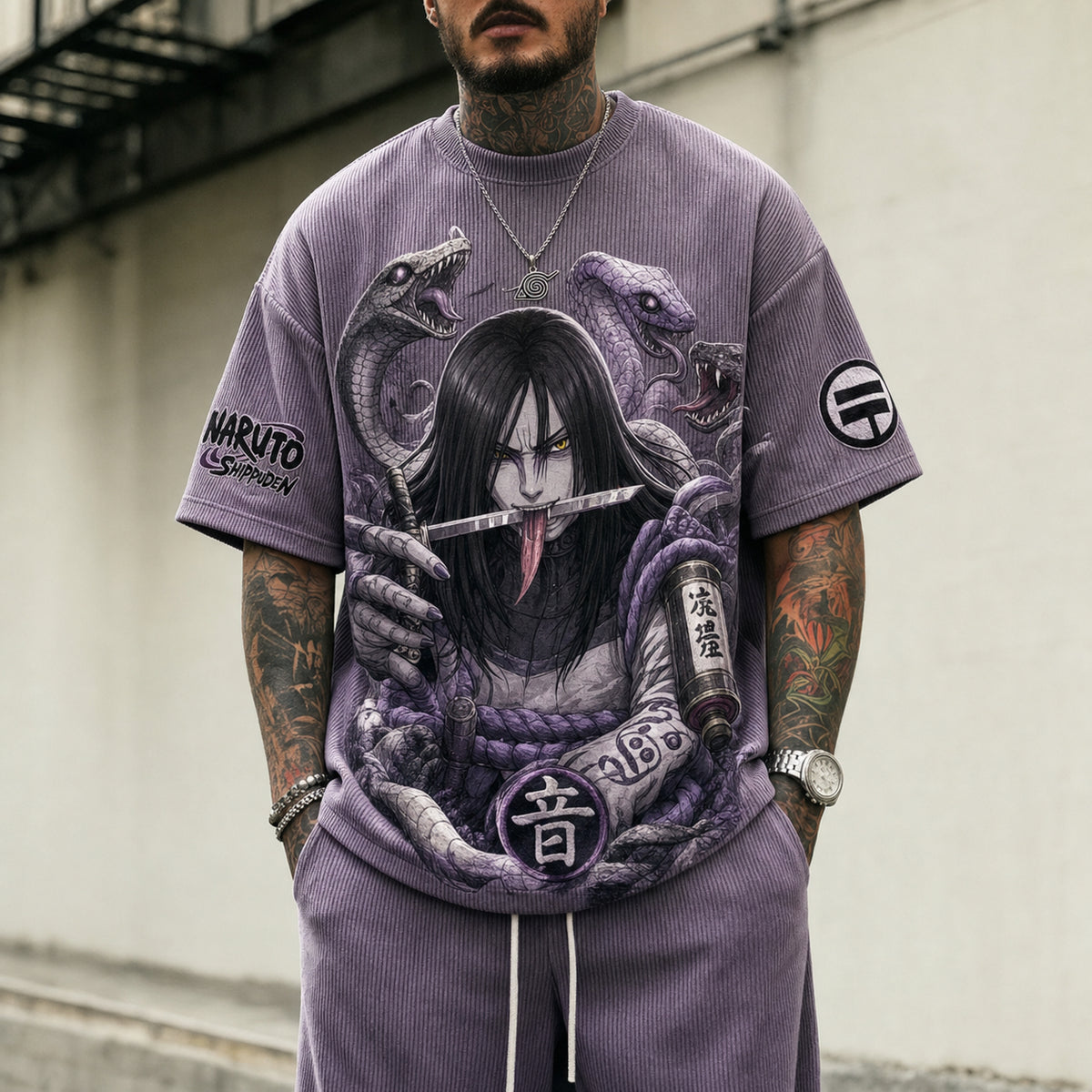 Naruto Unisex Oversized Anime-Print Vertical-Stripe Short-Sleeve T-Shirt