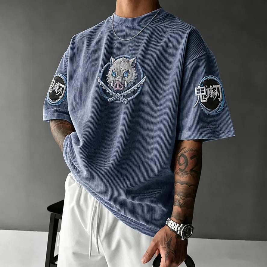 Demon Slayer Unisex Oversized Anime-Print Vertical-Stripe Short-Sleeve T-Shirt