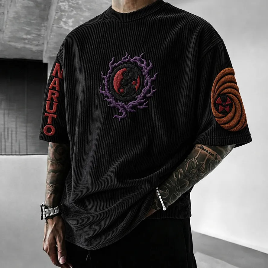 Naruto Unisex Oversized Anime-Print Vertical-Stripe Short-Sleeve T-Shirt