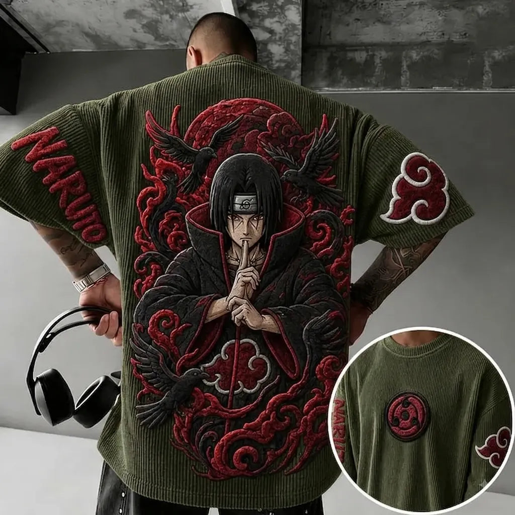Naruto Unisex Anime-Style Retro Corduroy Oversized T-Shirt