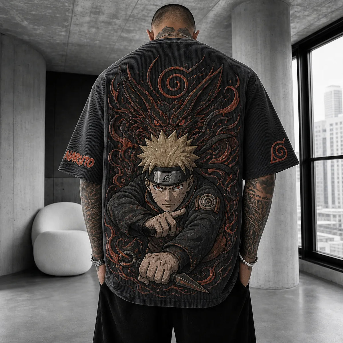 Naruto Unisex Anime-Style Retro Corduroy Oversized T-Shirt
