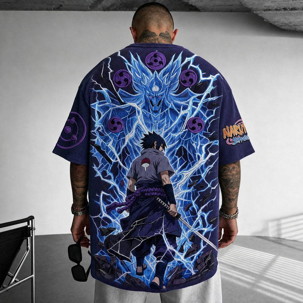 Naruto Unisex Oversized Anime-Print Vertical-Stripe Short-Sleeve T-Shirt