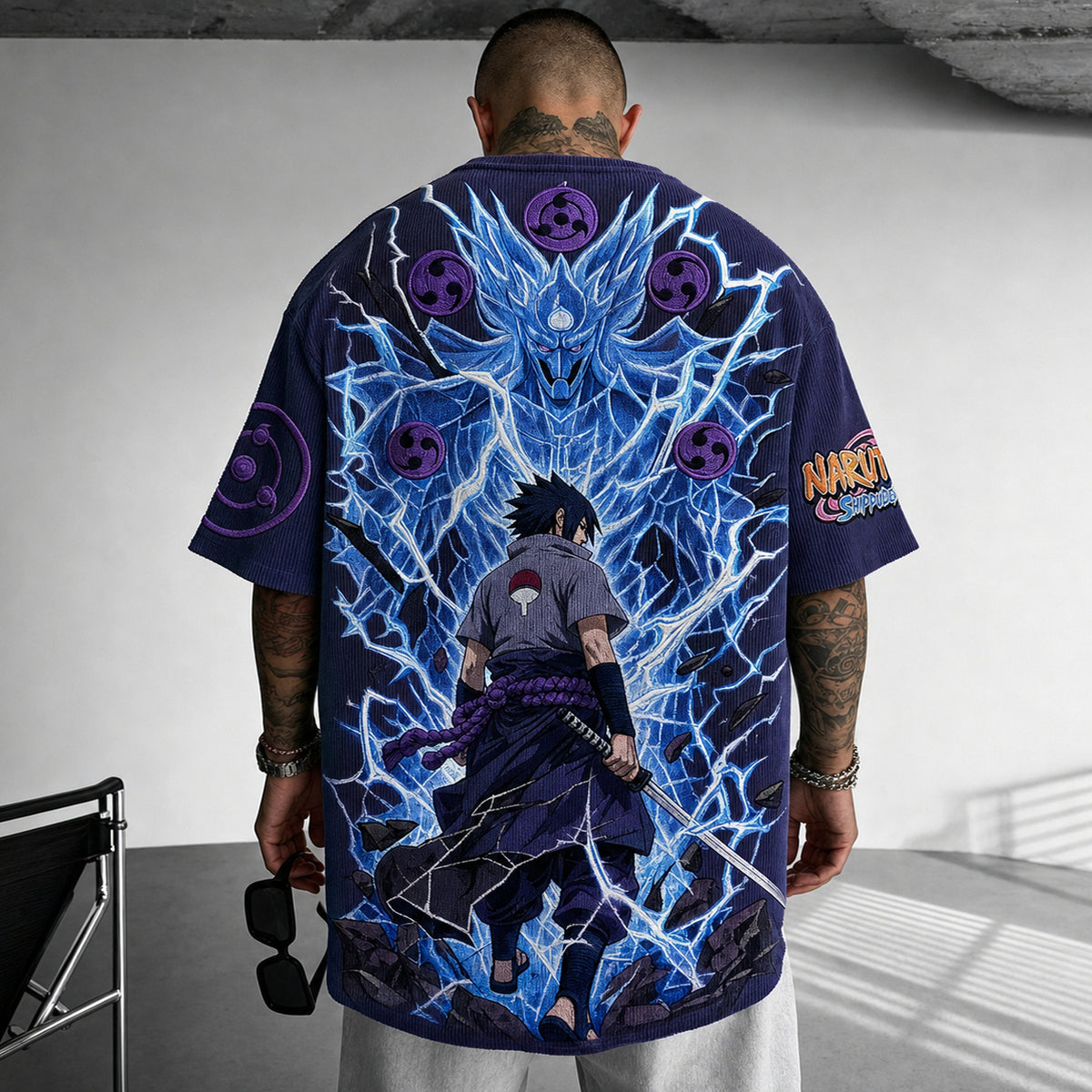 Naruto Unisex Oversized Anime-Print Vertical-Stripe Short-Sleeve T-Shirt
