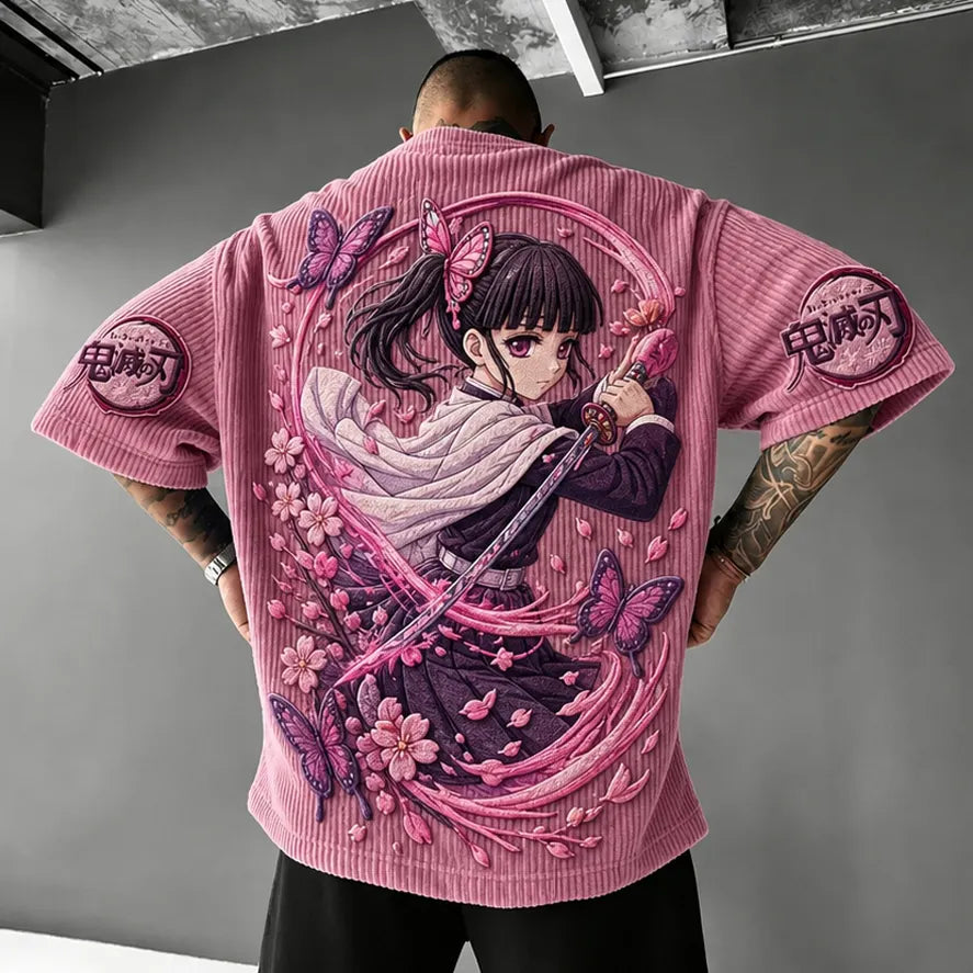 Demon Slayer Unisex Oversized Anime-Print Vertical-Stripe Short-Sleeve T-Shirt