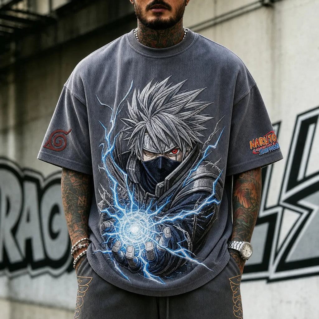 Naruto Unisex Oversized Anime-Print Vertical-Stripe Short-Sleeve T-Shirt