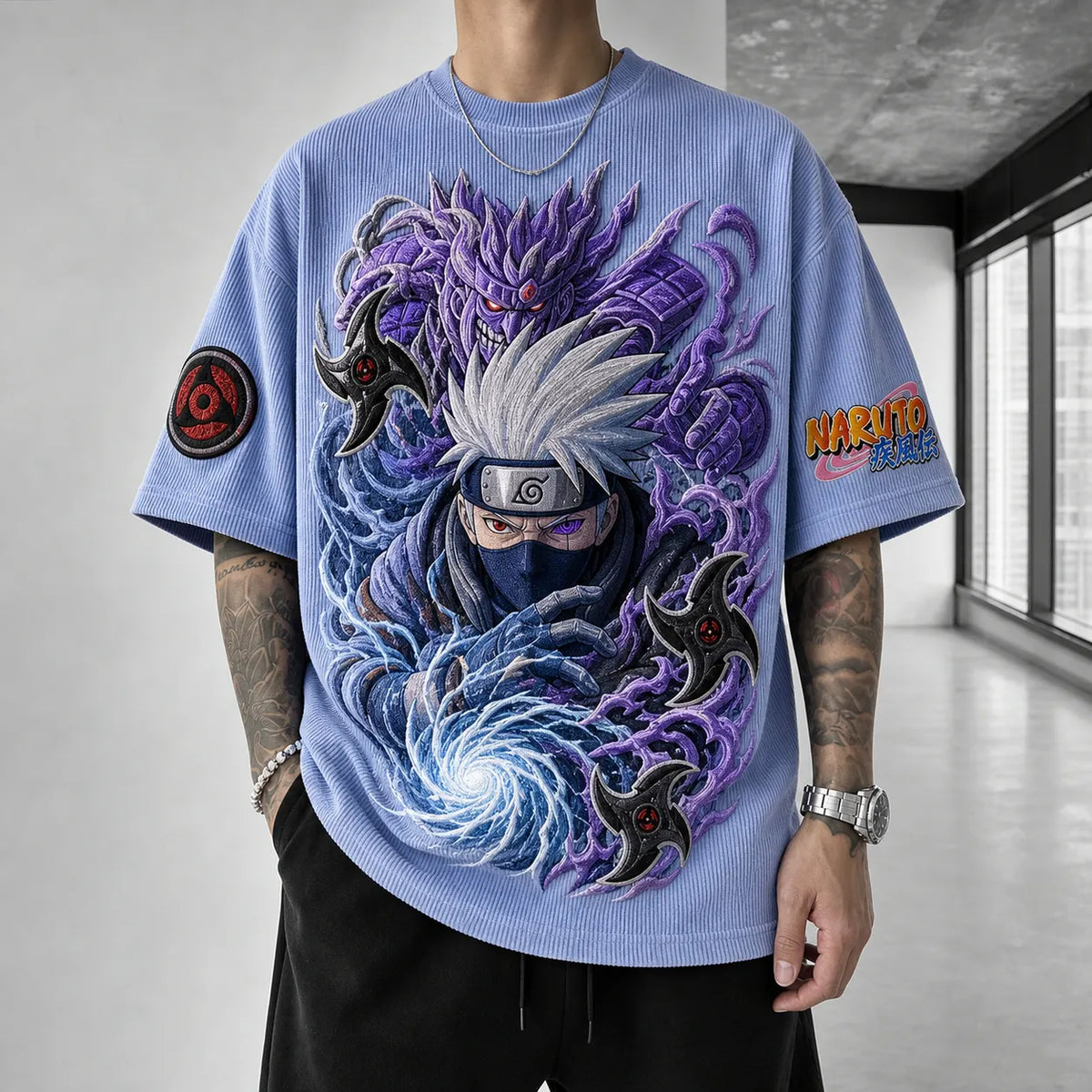 Naruto Unisex Oversized Anime-Print Vertical-Stripe Short-Sleeve T-Shirt