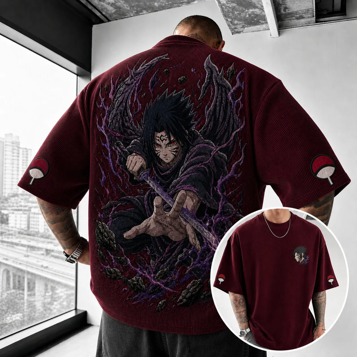 Naruto Unisex Oversized Anime-Print Vertical-Stripe Short-Sleeve T-Shirt