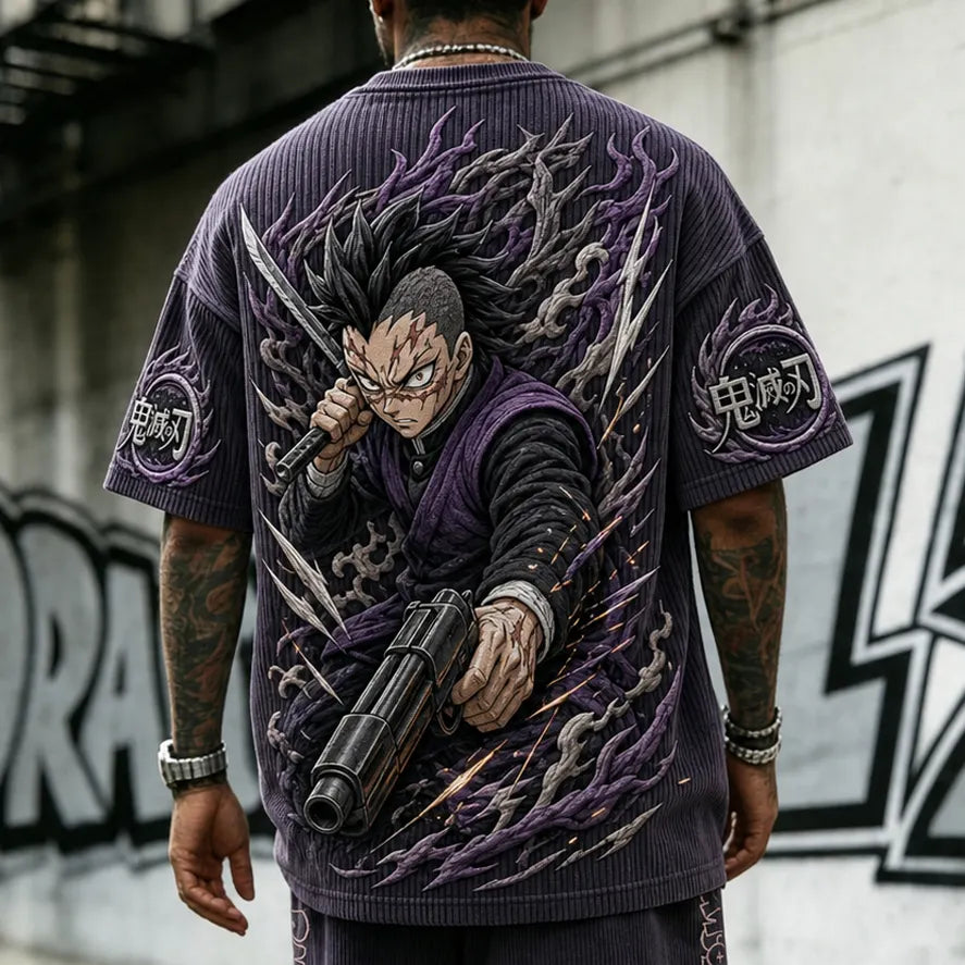 Demon Slayer Unisex Oversized Anime-Print Vertical-Stripe Short-Sleeve T-Shirt