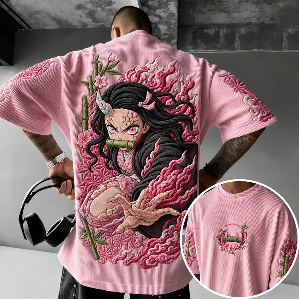 Demon Slayer Unisex Anime-Style Retro Corduroy Oversized T-Shirt
