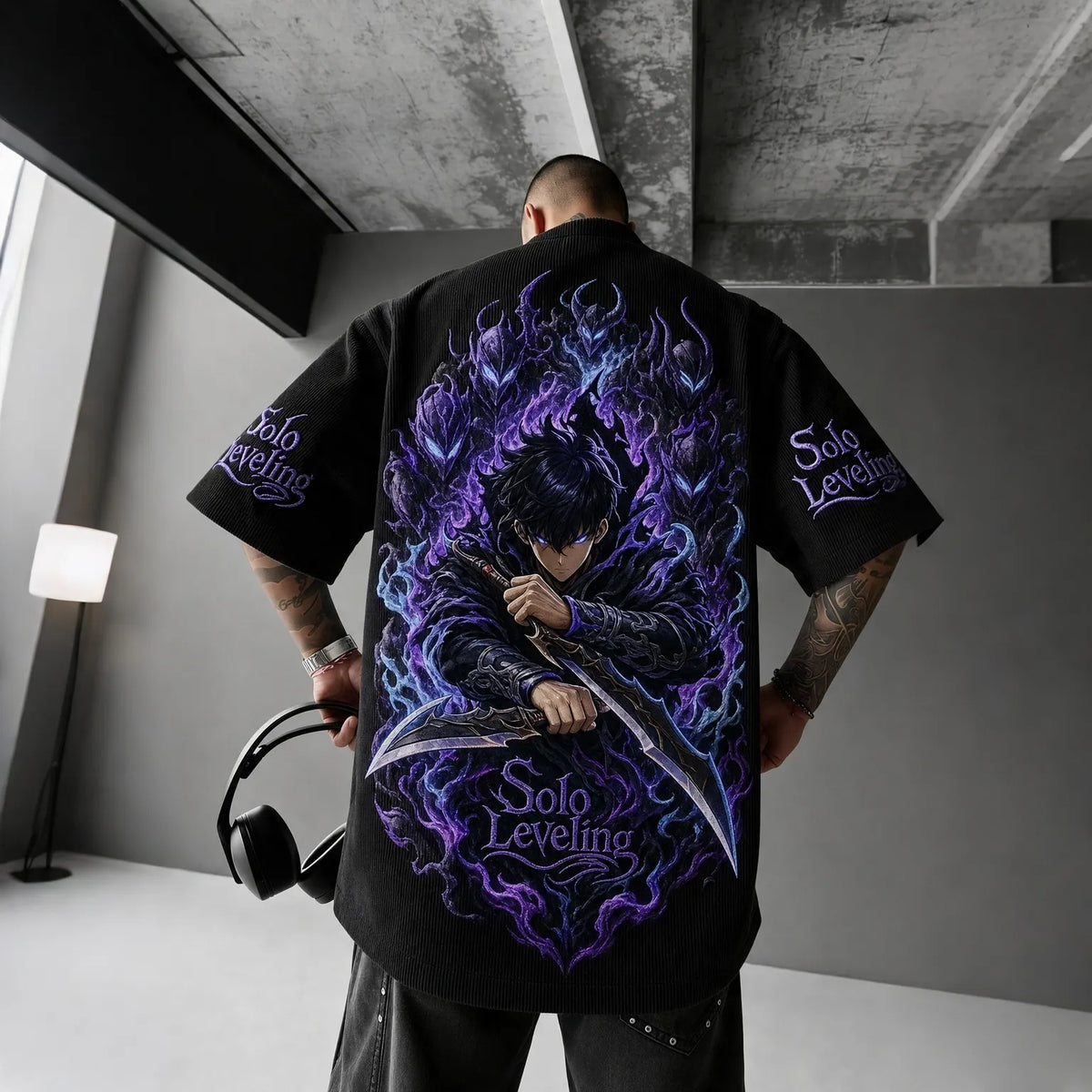 Solo Leveling Unisex Oversized Anime-Print Vertical-Stripe Short-Sleeve T-Shirt