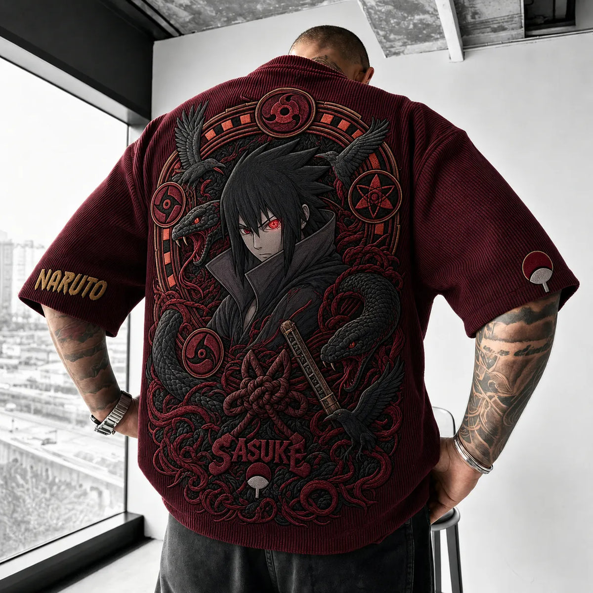 Naruto Unisex Anime-Style Retro Corduroy Oversized T-Shirt