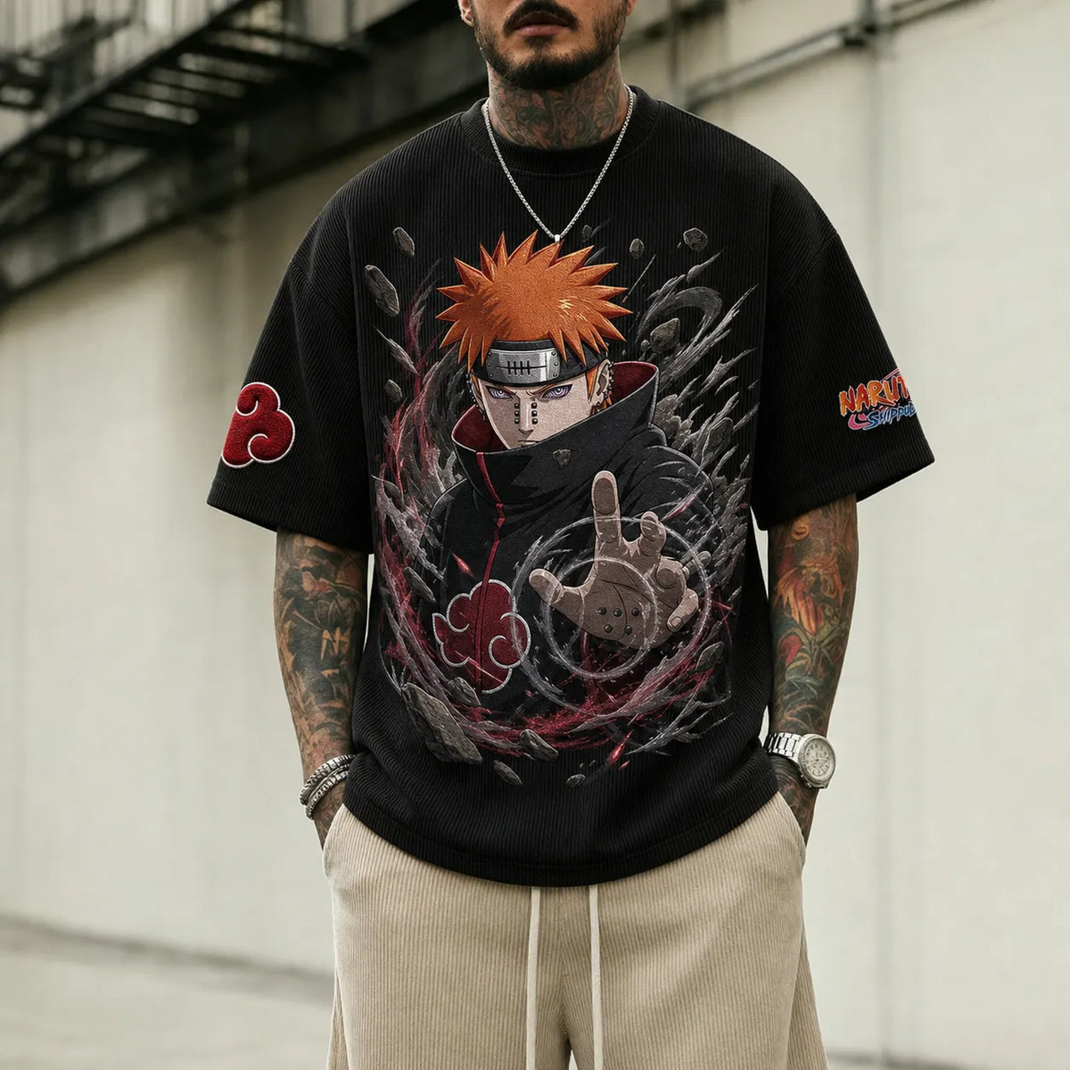 Naruto Unisex Oversized Anime-Print Vertical-Stripe Short-Sleeve T-Shirt
