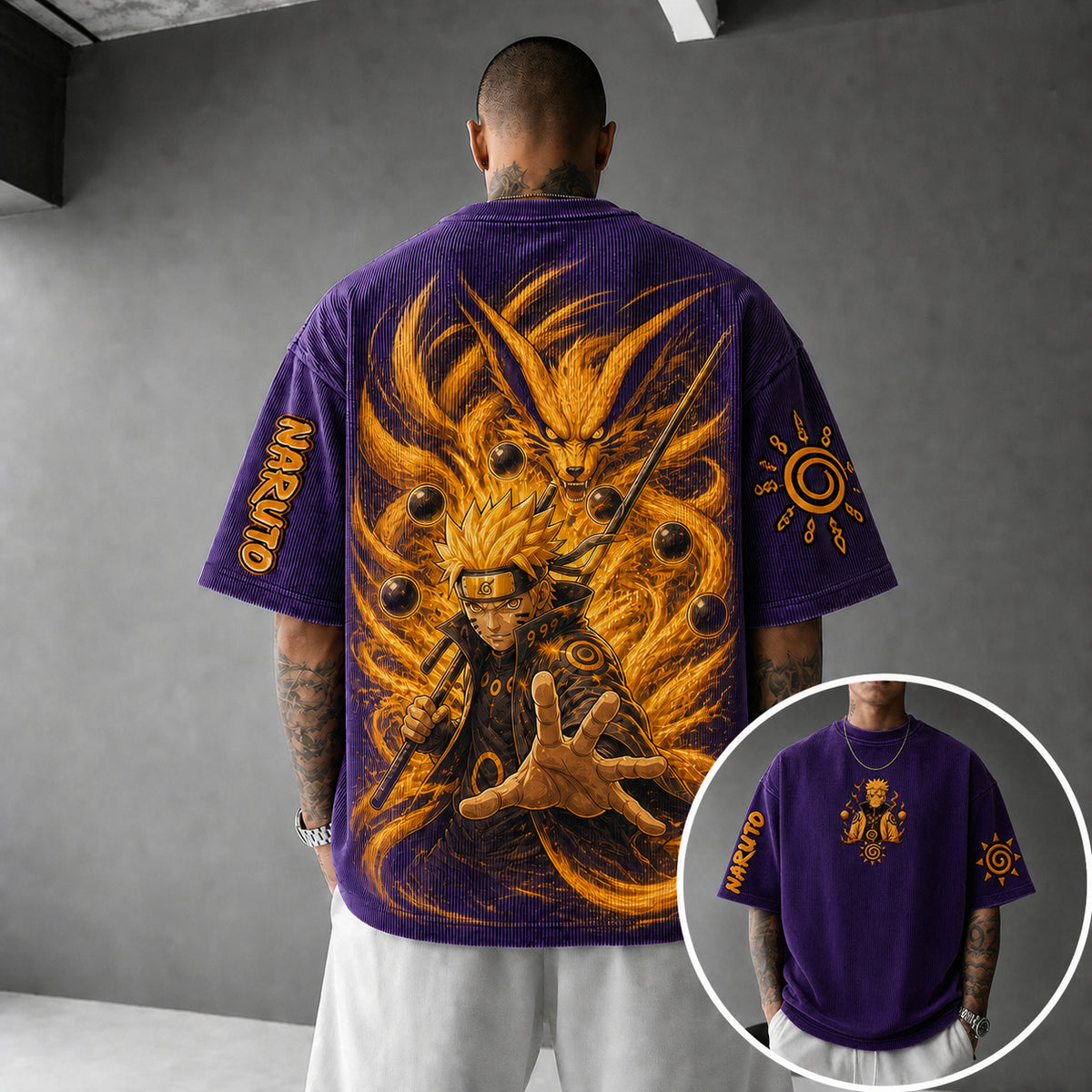 Naruto Unisex Anime-Style Retro Corduroy Oversized T-Shirt