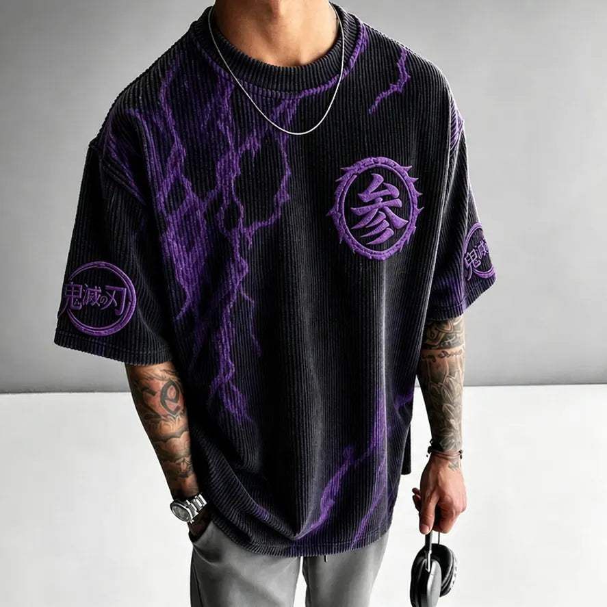 Demon Slayer Unisex Oversized Anime-Print Vertical-Stripe Short-Sleeve T-Shirt