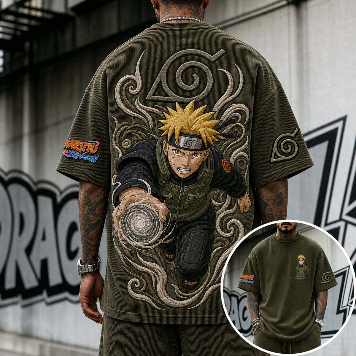 Naruto Unisex Anime-Style Retro Corduroy Oversized T-Shirt