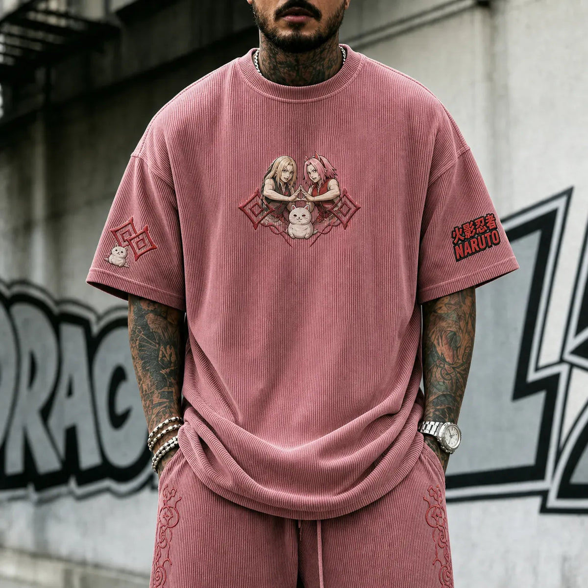 Naruto Unisex Anime-Style Retro Corduroy Oversized T-Shirt