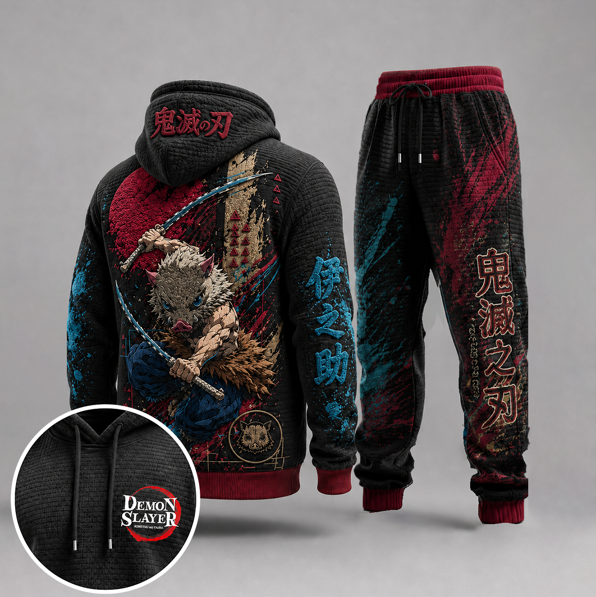 Demon Slayer Vintage Anime Print Long Sleeve Drawstring Tracksuit Hoodie Set